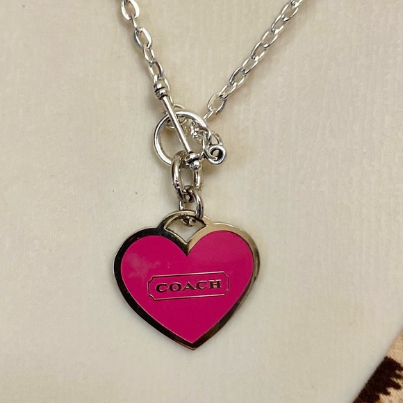 Coach, Shocking Pink Heart Enamel Silver Tone Pendant Necklace - Picture 2 of 9